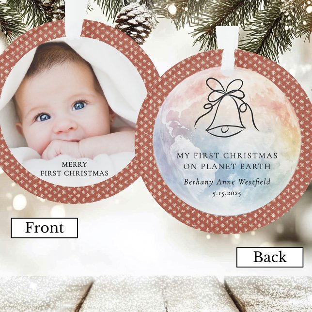 Première Noël de bébé Souvenir en terre cuite avec (Baby's First Christmas on Planet Earth Terracotta Photo Keepsake Ornament)