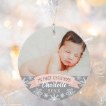 Première photo de Noël Blush rose Baby Girl<br><div class="desc">"My First Christmas" banner and snowflake border Phoornament design can be personalized with the baby girl's name and birth year. Includes a second photo the back. Peintre bleu clair,  gray and white colors.</div>