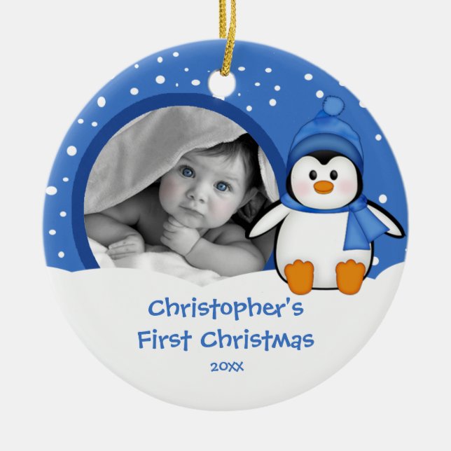 Première photo de Noël de bébé Ornement Pingouin (Devant)