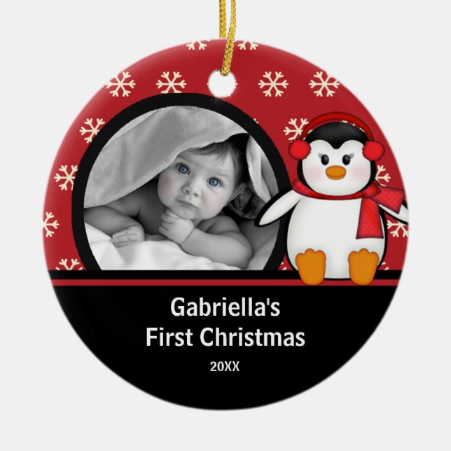 Première photo de Noël de bébé Ornement Pingouin (Devant)