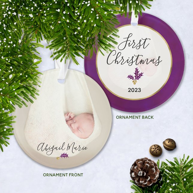 Première photo de Noël du bébé Purple & Gold (Baby's First Christmas Keepsake Ornament with Year and Baby's Name )
