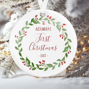 Première photo de Noël du bébé Wreath Red Text