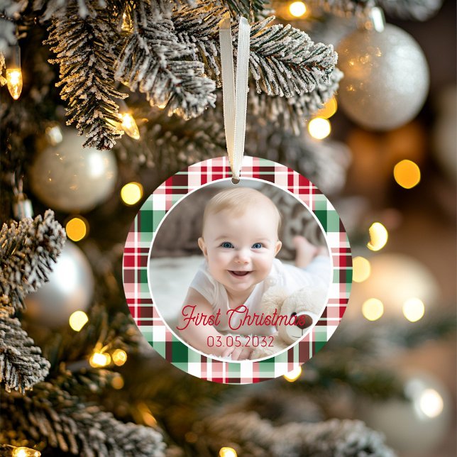 Première photo de Noël Script Motif Classique (Photo First Christmas Script Classic Rustic Plaid Pattern. Cute Baby's First Christmas ornament.)
