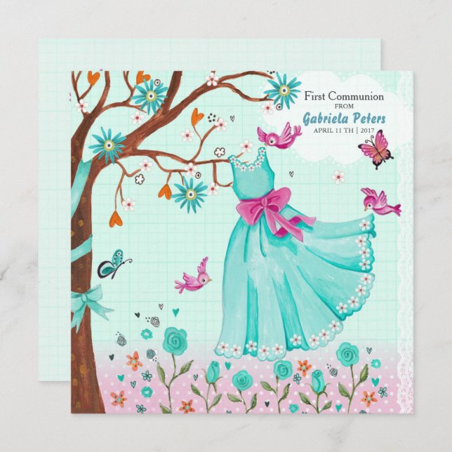 Première robe de communion | Invitations fille (Devant / Derrière)