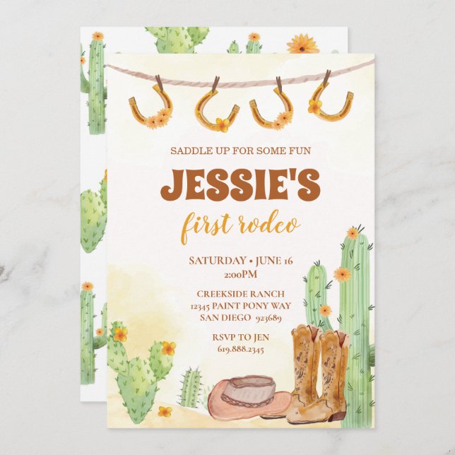 Première Rodéo Cowgirl Invitation Anniversaire (Devant / Derrière)