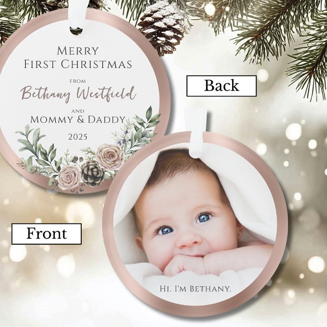 Première rose de Noël de bébé en or rose photo sou (Baby's First Christmas Rose Gold Photo Keepsake Acrylic Ornament Gift for Family and Friends)