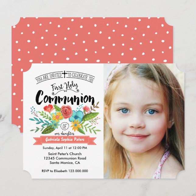 Première Sainte Communion Floral | Cartes de Photo (Devant / Derrière)