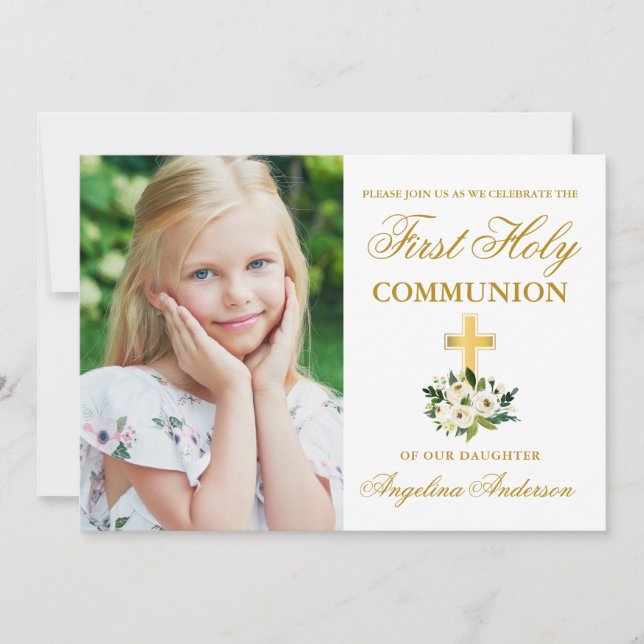 Première Sainte Communion Green Floral Invitation  (Devant)