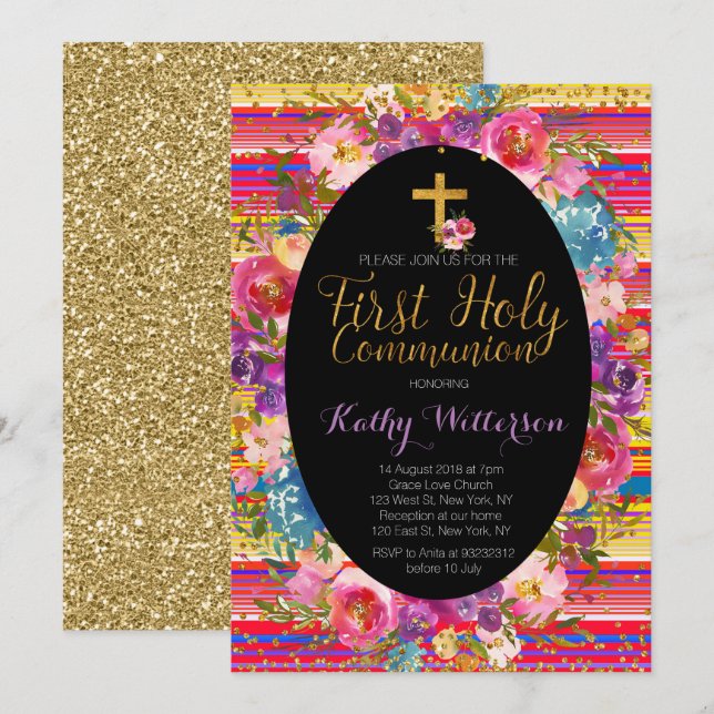 Première Sainte Communion Invitation Colorée Fiest (Devant / Derrière)