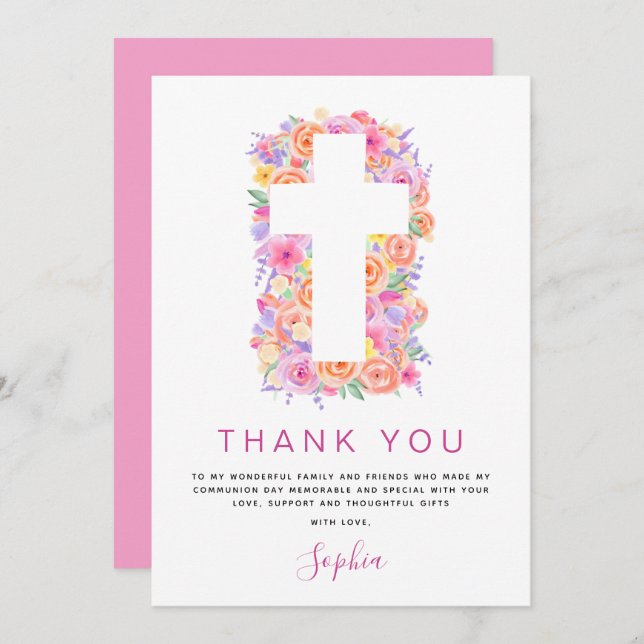 Première Sainte Communion Merci Floral Rose Rose (Devant / Derrière)