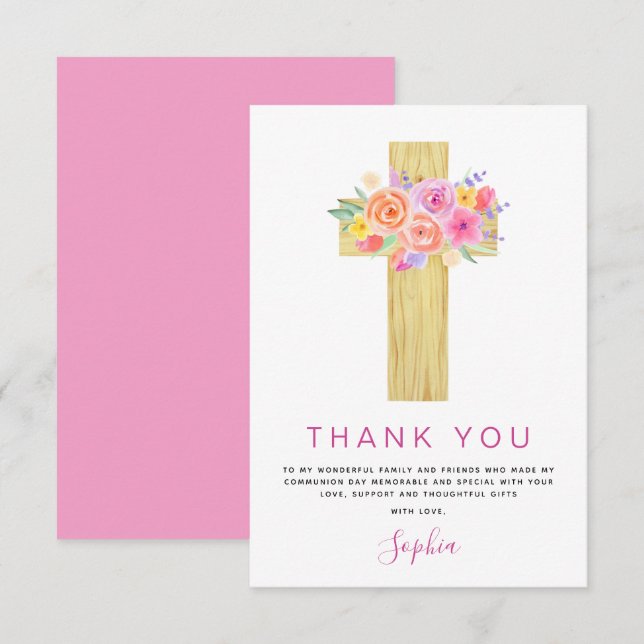 Première Sainte Communion Merci Floral Rose Rose (Devant / Derrière)