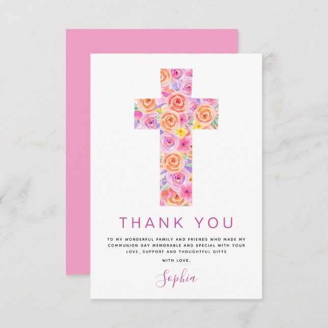 Première Sainte Communion Merci Floral Rose Rose R (Devant / Derrière)