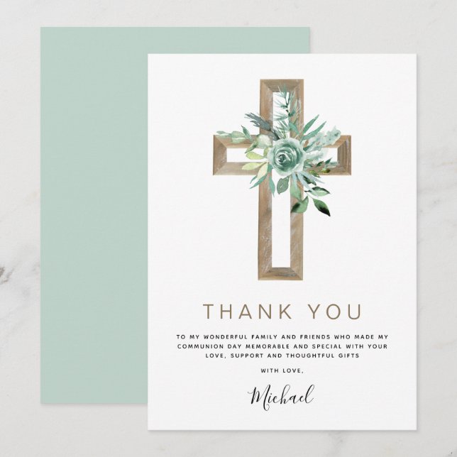Première Sainte Communion Merci Vert Sage Invit (Devant / Derrière)