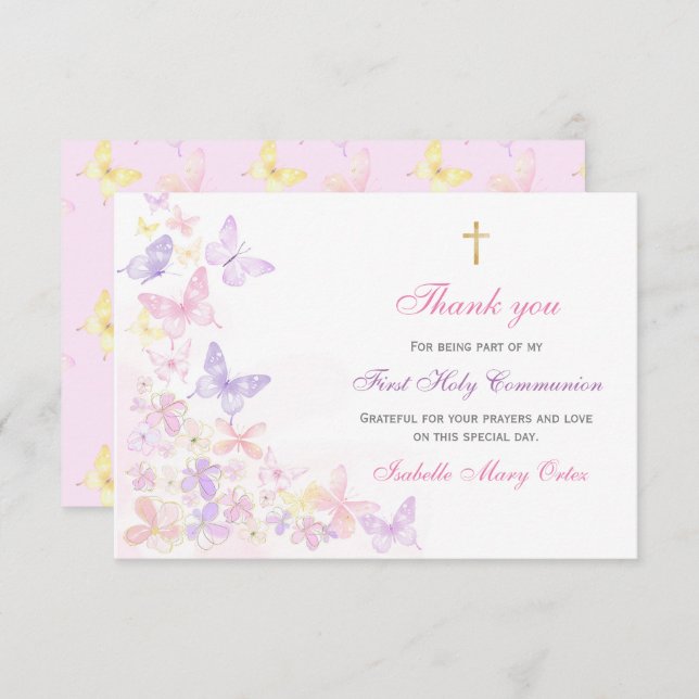 Première Sainte Communion Papillon rose Fille Merc (Devant / Derrière)