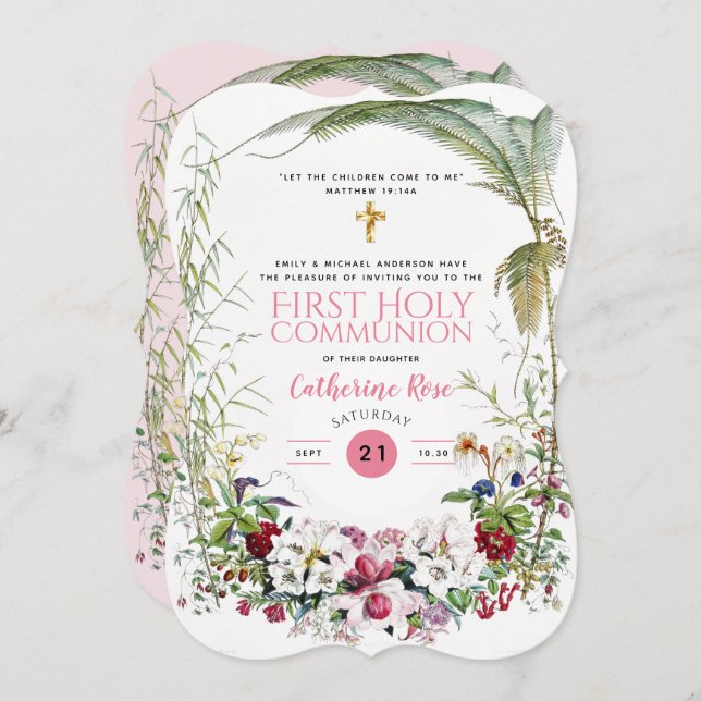 Premières Communion Filles Rose Floral Invitations (Devant / Derrière)
