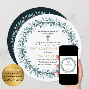 Premières Communion Garçons Blue Wreath Invitation