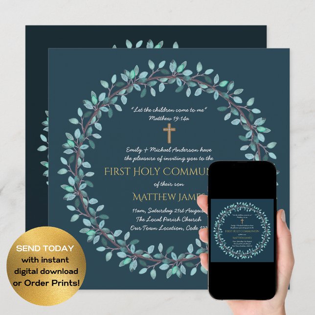 Premières Communion Garçons Blue Wreath Invitation (Créateur téléchargé)