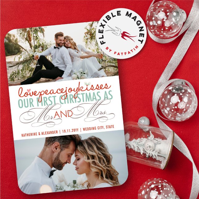 Premiers M. et Mme Holiday Photo Magnet de Noël (Love Peace Joy Kisses Our First Christmas As Mr And Mrs 3 Photo Holiday Wedding Flexible Magnet)