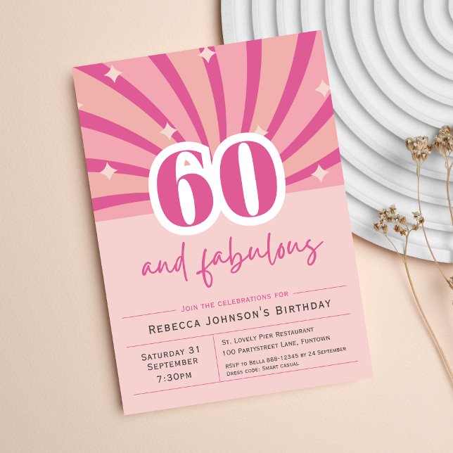 Premium 60e anniversaire Invitation rose rétro (60th birthday Invitation 60 and fabulous retro pink sixty party)