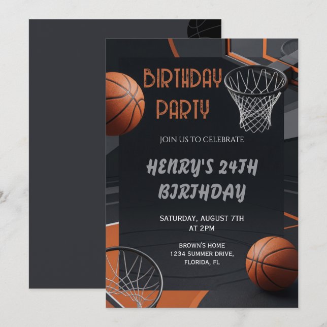 Premium Basketball Birthday Invitation (Devant / Derrière)