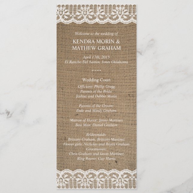 Premium Rustic Burlap Lace Programmes de mariage 4 (Devant)