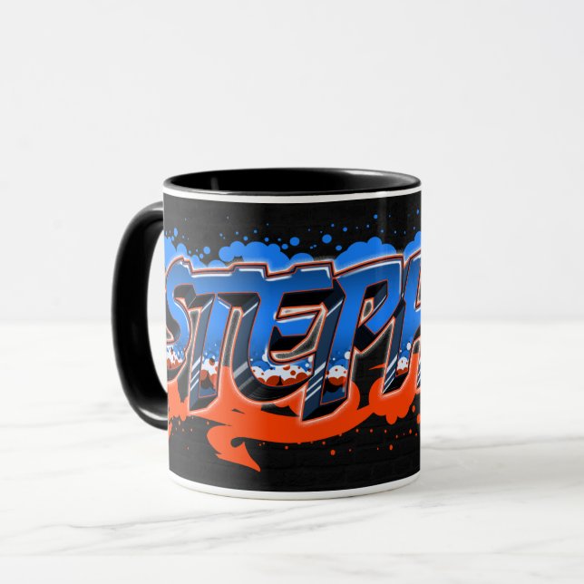 Prénom de Stephan Nom Graffiti blue Tasse orange (Devant gauche)