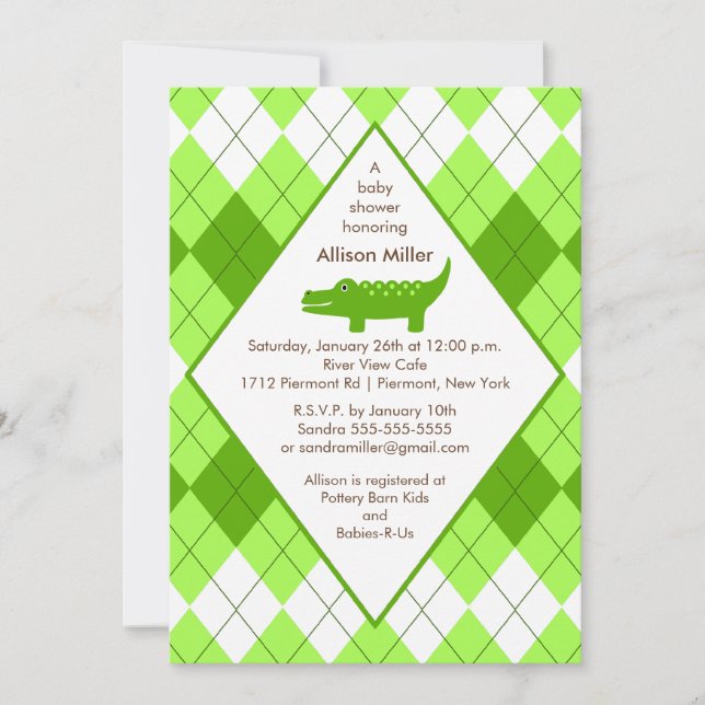 Préppy Alligator Baby shower Invitation verte (Devant)