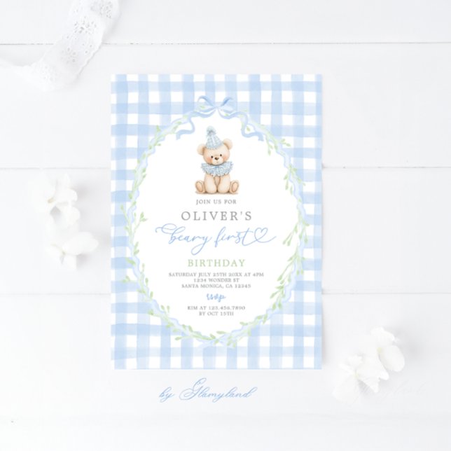 Preppy Beary First Birthday Invitation (Créateur téléchargé)