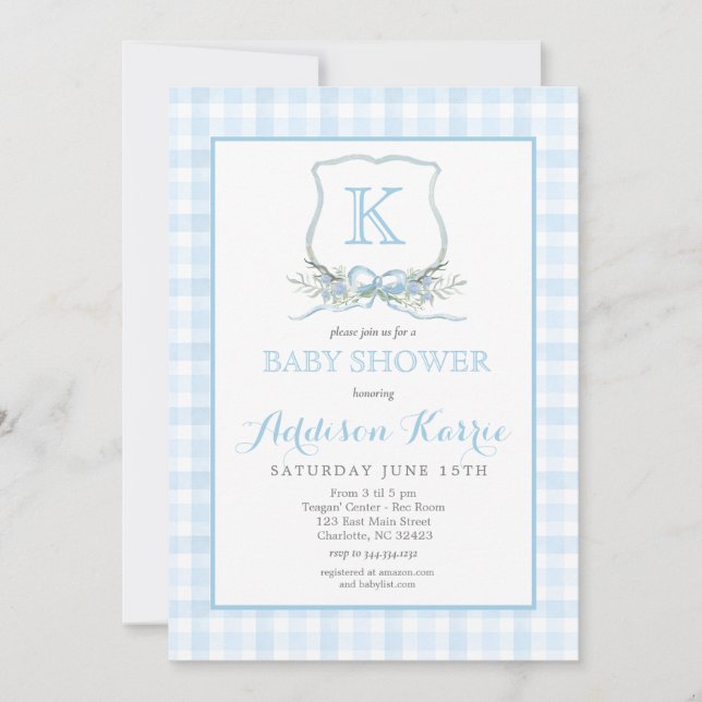 Preppy Blue En vichy Crest Baby shower Invitation (Devant)