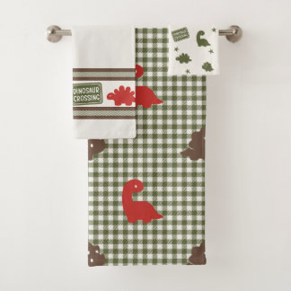 Preppy Boys Dinosaur Gingham -  Brown Red & Green