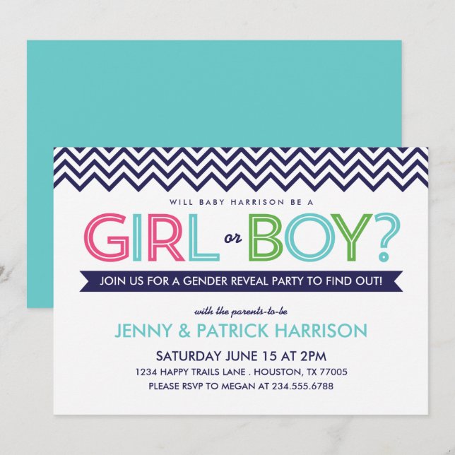 Preppy Chevron Baby Genre Reveal Party Invitation (Devant / Derrière)