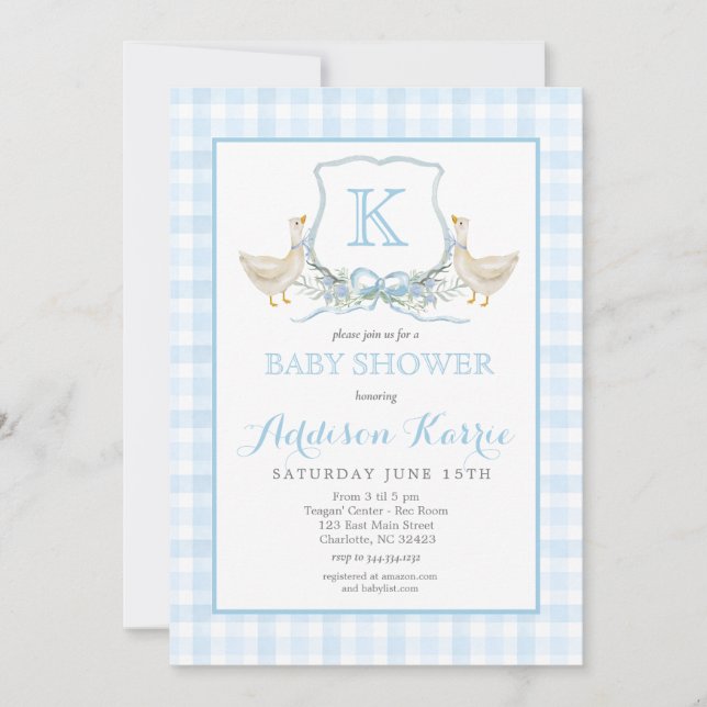 Preppy Goose Blue Gingham Baby Shower Invitation (Devant)