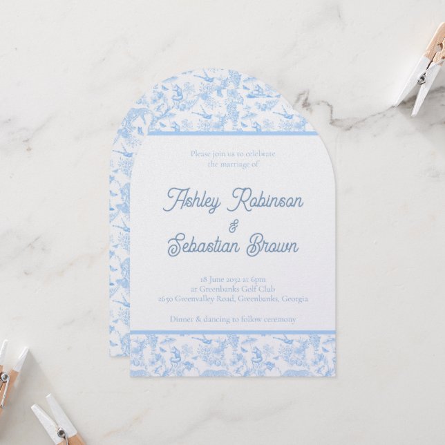 Preppy Jungle Chinoiserie Toile Faire-part de mari (Devant/Arrière en situation)