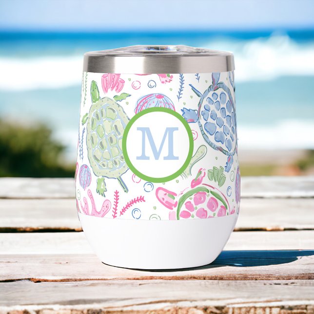 Preppy Monogram Rose Blue Sea Turtles (Créateur téléchargé)