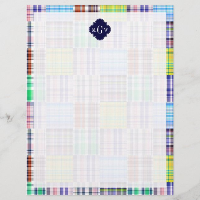 Preppy Patchwork Madras Navy Quatrefoil Monogramme (Devant)