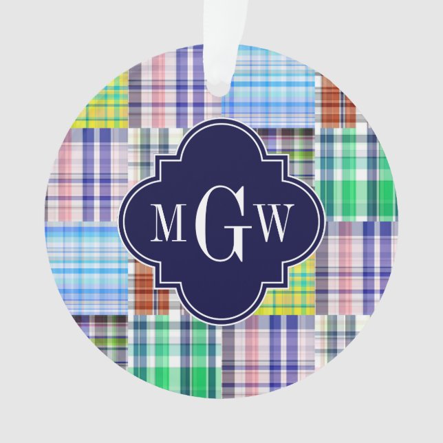 Preppy Patchwork Madras Navy Quatrefoil Monogramme (devant)