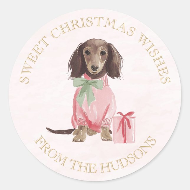 Preppy Pink Christmas Dachshund Sml Round Stickers (Devant)