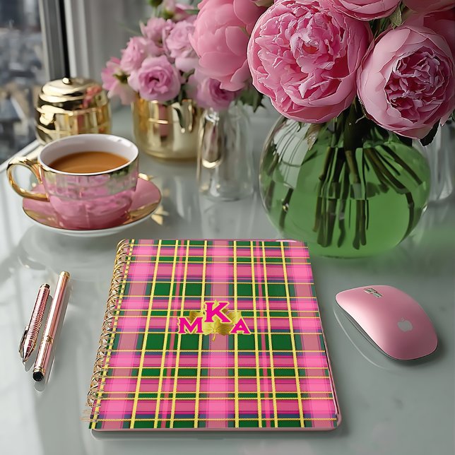 Preppy Pink & Green Plaid | Monogrammed Planner (Stylish Preppy Plaid Pink and Green Monogrammed Planner /Glossy Soft Cover or Matte Hardcover)