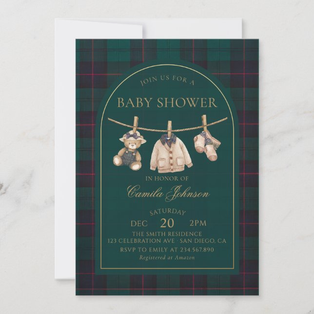 Preppy Plaid Teddy Bear Baby Shower Invitation (Devant)