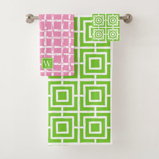 Preppy Square Lattice - Pink & Lime Green Monogram (En situation)