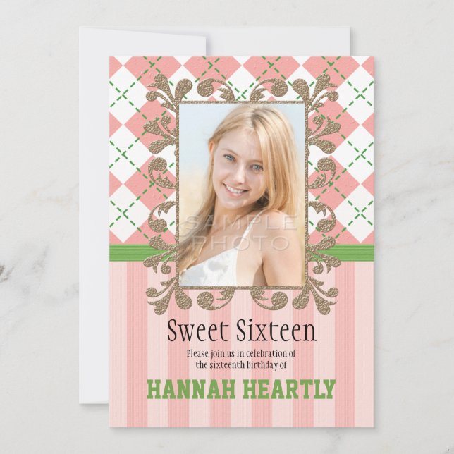 Preppy Sweet 16 Invitations rose et vert (Devant)