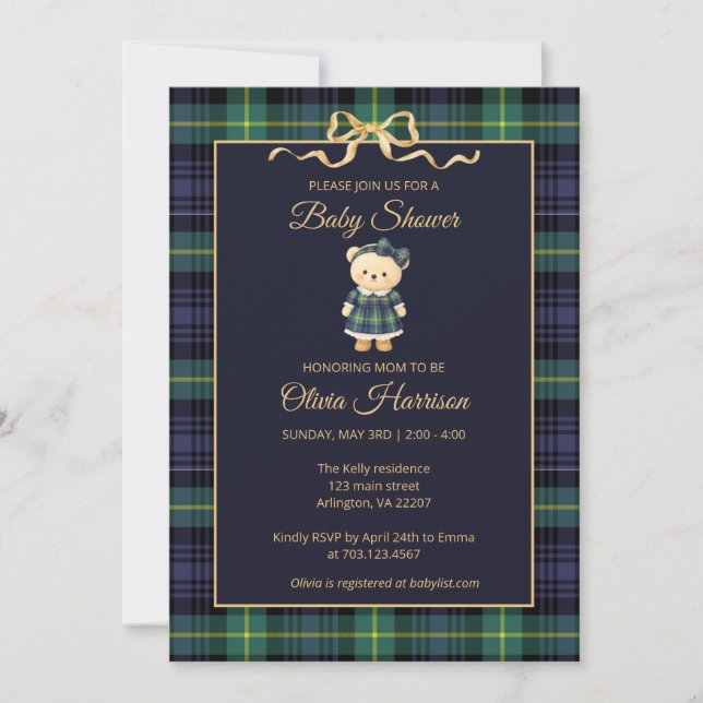 Preppy Teddy Bear Plaid Baby Shower Invitation (Devant)