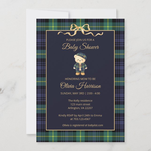 Preppy Teddy Bear Plaid Baby Shower Invitation (Devant)