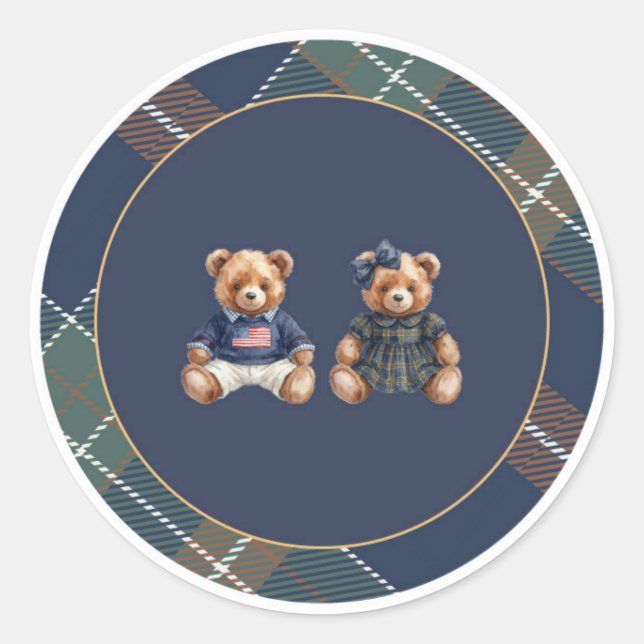 Preppy Teddy Bear Sticker Navy Plaid  (Devant)