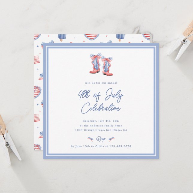 Preppy Watercolor Bows 4th Of July Invitation (Devant/Arrière en situation)