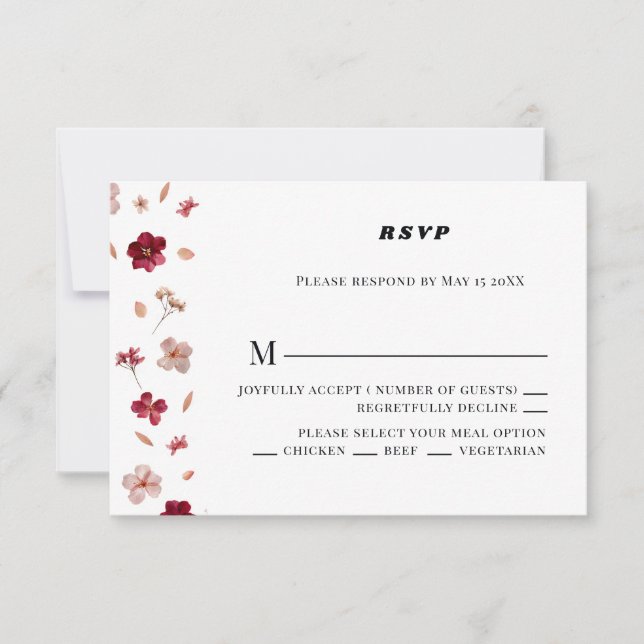Pressé rose rouge et crème, mariage floral RSVP (Devant)