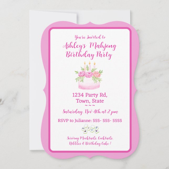 Pretty Pink Cake Mahjong Birthday Party Invitation (Devant)