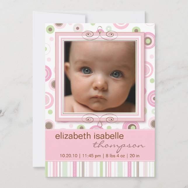 Pretty Pink Poka Dot & Stripes Baby Faire-part (Devant)