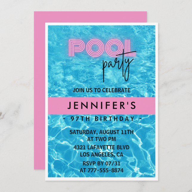 Pretty Pink Pool Party 97e anniversaire invitation (Devant / Derrière)
