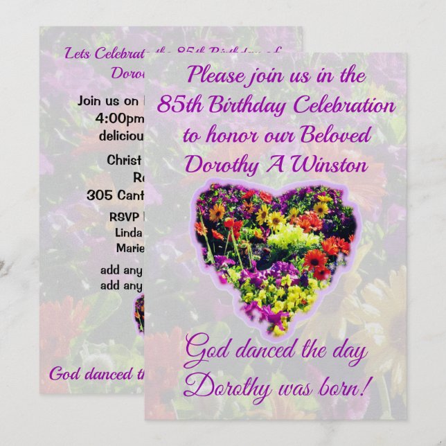 PRETTY PURPLE FLORAL 85E ANNIVERSAIRE INVITATION (Devant / Derrière)